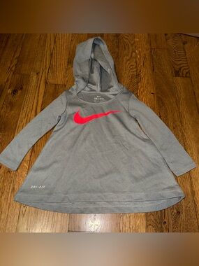 Nike Girls' Gray Hooded Dri-FIT Shirt with Pink Swoosh
